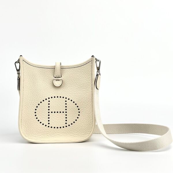 Hermes Bag Images Mini Evelyne 18CM Clemence Leather I2 Nata Silver Hardware