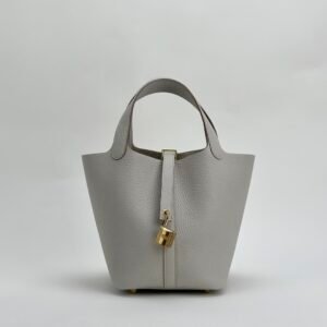 Hermes Bag Images Clemence Leather Picotin 18CM CC80 Gris Pearl Gold Hardware