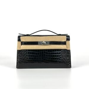 Hermes Shiny Porosus Crocodile Kelly Pochette 22CM CK89 Noir Silver Hardware