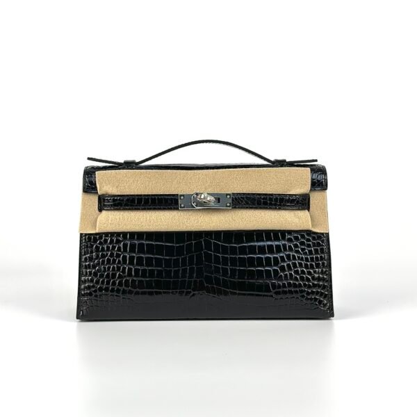 wsxc1727186725385_0 Hermes Shiny Porosus Crocodile Kelly Pochette 22CM CK89 Noir Silver Hardware