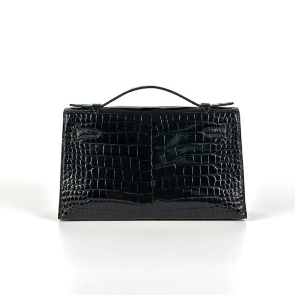 wsxc1727186725385_1 Hermes Shiny Porosus Crocodile Kelly Pochette 22CM CK89 Noir Silver Hardware