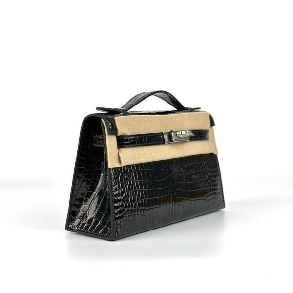 wsxc1727186725385_2 Hermes Shiny Porosus Crocodile Kelly Pochette 22CM CK89 Noir Silver Hardware