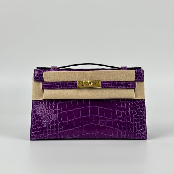 Hermes Bag Shiny Alligator Crocodile Kelly Pochette 22CM 5L Ultraviolet Gold Hardware