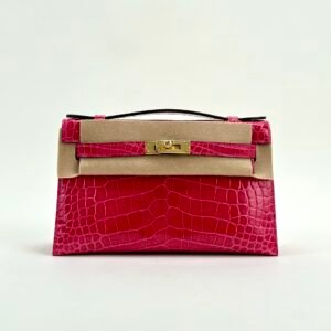 Hermes Kelly Pochette 22CM Shiny Alligator Crocodile I6 Rose Extreme Gold Hardware