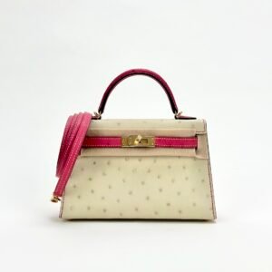 Hermes Mini Kelly 19CM Bag Ostrich Leather 3C Parchemin / E5 Rose Tyrien Gold Hardware