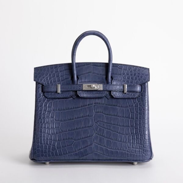 UK London Hermes Birkin 25CM Matte Alligator Crocodile 7L Blue De Malte Silver Hardware