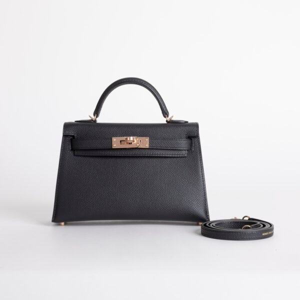 USA New York Hermes Epsom Leather Mini Kelly 19CM 89 Noir Rose Gold Hardware