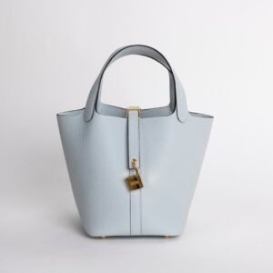 Handmade Picotin 18CM Bag 08 Blue Pale Clemence Leather Gold Hardware