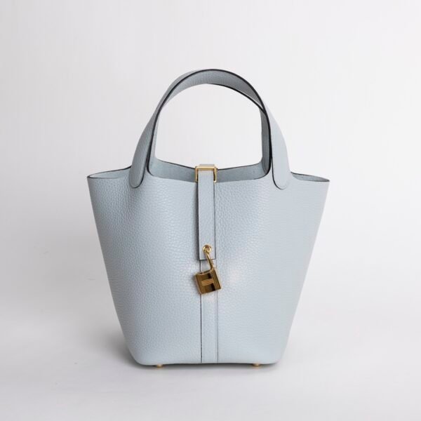 Handmade Picotin 18CM Bag 08 Blue Pale Clemence Leather Gold Hardware