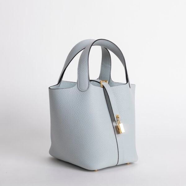 Handmade Picotin 18CM Bag 08 Blue Pale Clemence Leather Gold Hardware