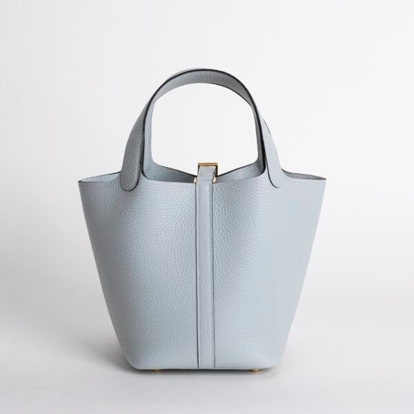 Handmade Picotin 18CM Bag 08 Blue Pale Clemence Leather Gold Hardware