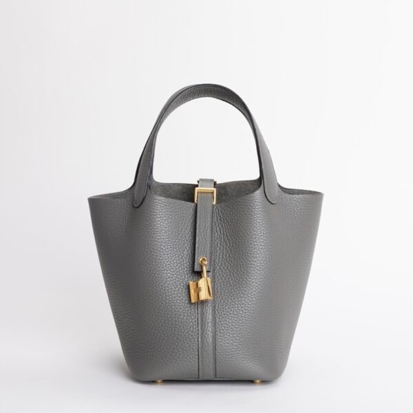Canada Toronto 0L Gris Meyer Clemence Leather Picotin 18CM Gold Hardware