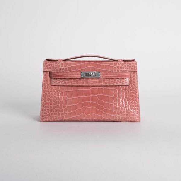 Women’s Eveving Bag Shiny Alligator Crocodile Kelly Pochette 22CM CK94 Terre Cuite Silver Hardware