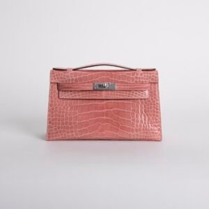 Women’s Eveving Bag Shiny Alligator Crocodile Kelly Pochette 22CM CK94 Terre Cuite Silver Hardware