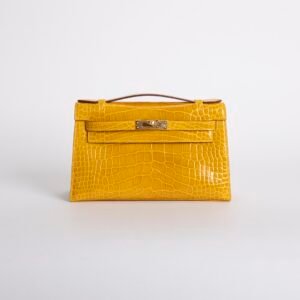 Handmade Bag 9D Jaune Amber Shiny Alligator Crocodile Kelly Pochette 22CM Gold Hardware