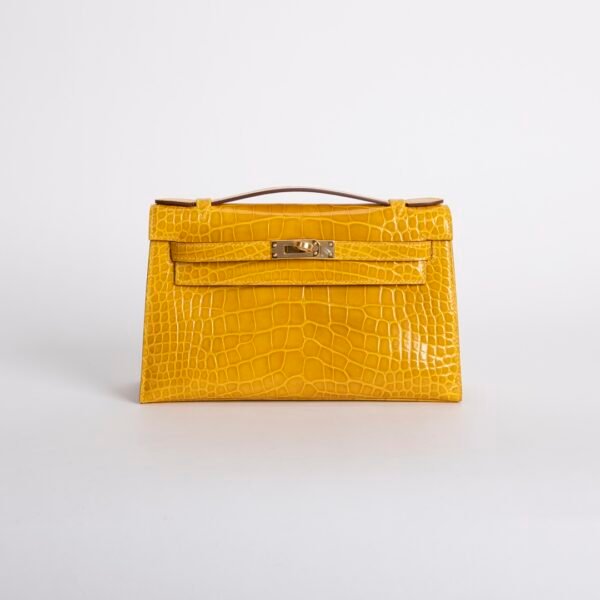 Handmade Bag 9D Jaune Amber Shiny Alligator Crocodile Kelly Pochette 22CM Gold Hardware