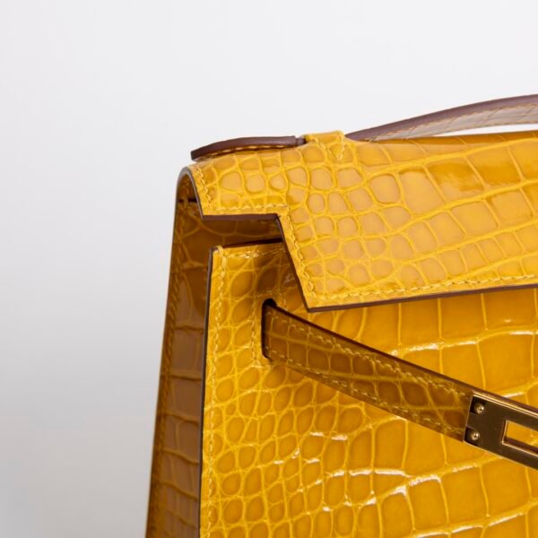 Handmade Bag 9D Jaune Amber Shiny Alligator Crocodile Kelly Pochette 22CM Gold Hardware