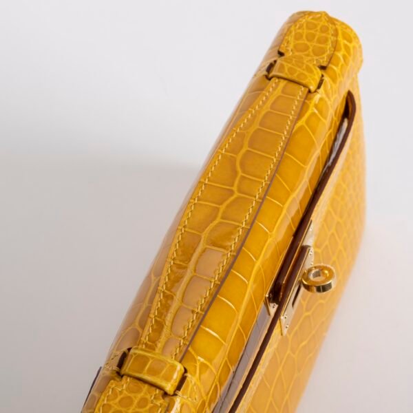 Handmade Bag 9D Jaune Amber Shiny Alligator Crocodile Kelly Pochette 22CM Gold Hardware