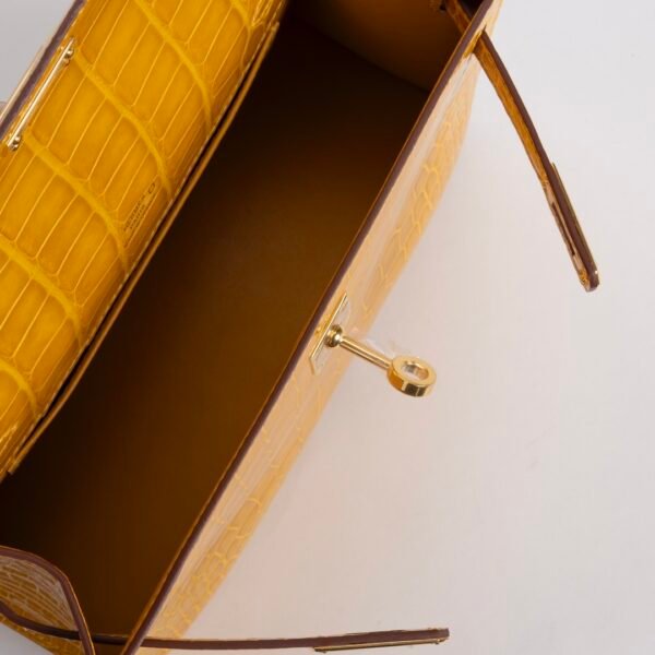 Handmade Bag 9D Jaune Amber Shiny Alligator Crocodile Kelly Pochette 22CM Gold Hardware