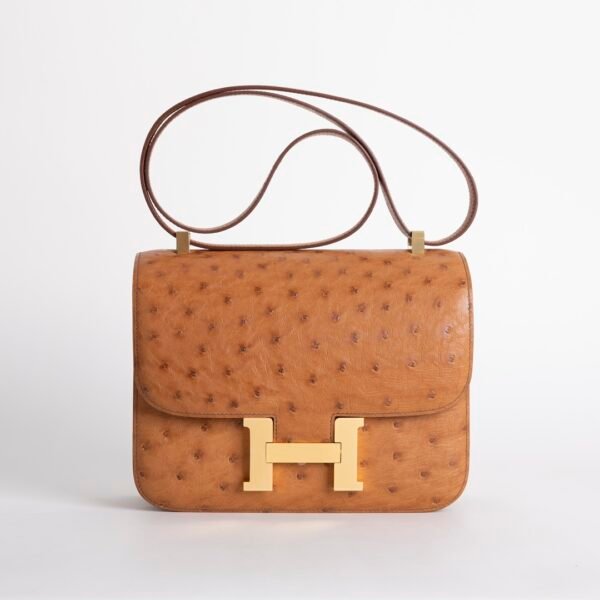 Luxury Women’s Bag Cognac Ostrich Leather Constance 24CM Gold Hardware