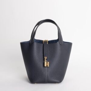 Full Handmade 2Z Blue Nuit Clemence Leather Picotin 18CM Gold Hardware