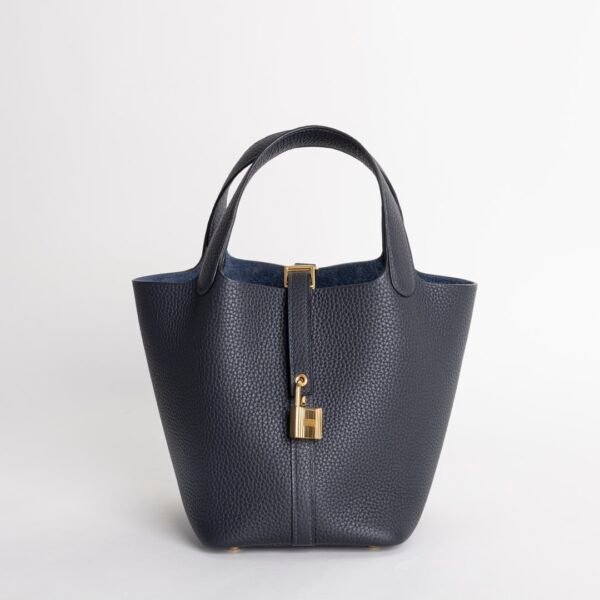Full Handmade 2Z Blue Nuit Clemence Leather Picotin 18CM Gold Hardware