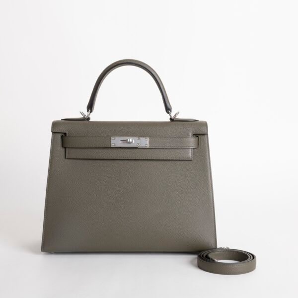UK London Kelly Sellier 28CM Epsom Leather C6 Vert De Gris Silver Hardware