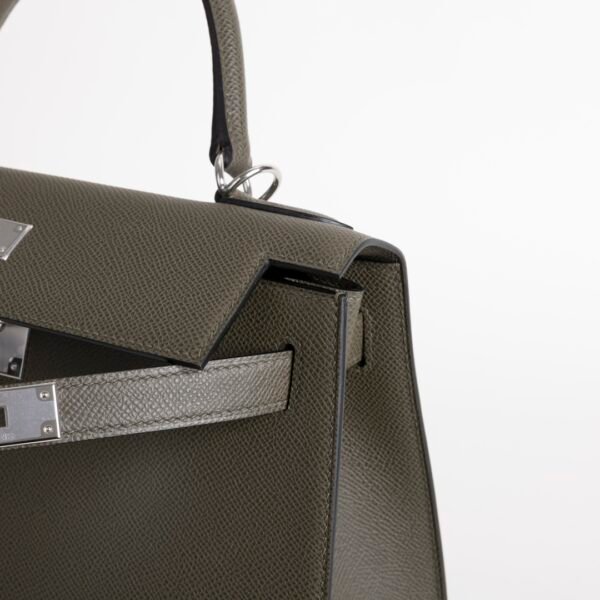 UK London Kelly Sellier 28CM Epsom Leather C6 Vert De Gris Silver Hardware