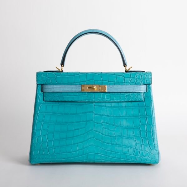 Handmade Hermes Kelly 32CM Matte Niloticus Crocodile 7F Blue Paon / 3Z Blue Saint Cyr Gold Hardware