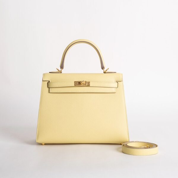 Full Handmade 1Z Jaune Poussin Epsom Leather Kelly Seller 25CM Gold Hardware