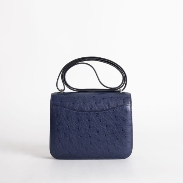 UK London Hermes Constance 18CM Ostrich Leather CK73 Blue Saphir Silver Hardware