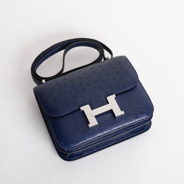UK London Hermes Constance 18CM Ostrich Leather CK73 Blue Saphir Silver Hardware