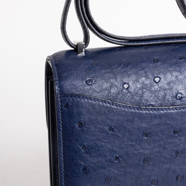 UK London Hermes Constance 18CM Ostrich Leather CK73 Blue Saphir Silver Hardware