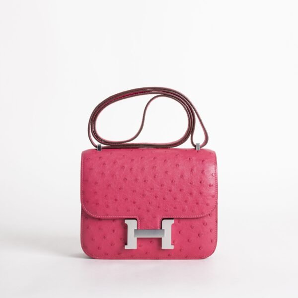 Hermes Bag Price Constance 18CM Ostrich Leather E5 Rose Tyrien Silver Hardware