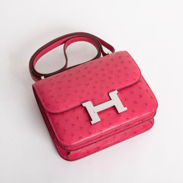 Hermes Bag Price Constance 18CM Ostrich Leather E5 Rose Tyrien Silver Hardware