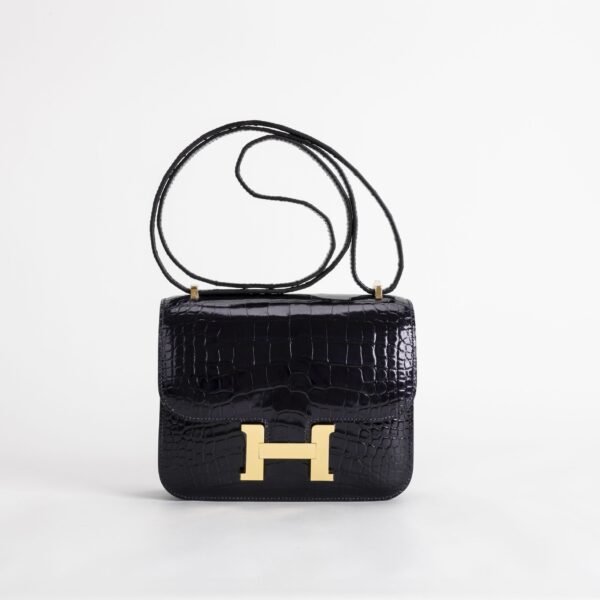 Hermes Shoulder Bag Shiny Alligator Crocodile Constance 18CM Blue Indigo Gold Hardware