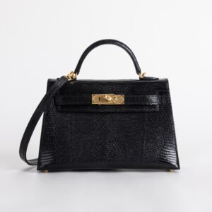 USA New York Mini Kelly 19CM CC89 Noir Lizard Leather Gold Hardware