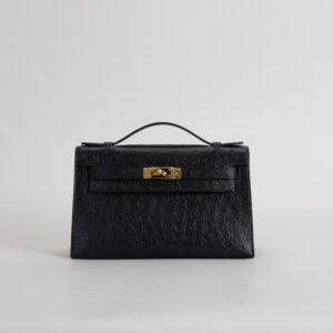 Hermes Evening Bag Ostrich Leather Kelly Pochette 22CM CC89 Noir Gold Hardware