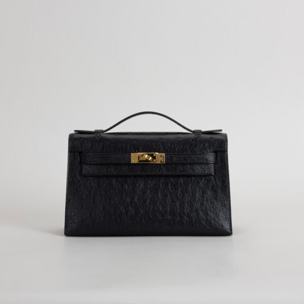 Hermes Evening Bag Ostrich Leather Kelly Pochette 22CM CC89 Noir Gold Hardware