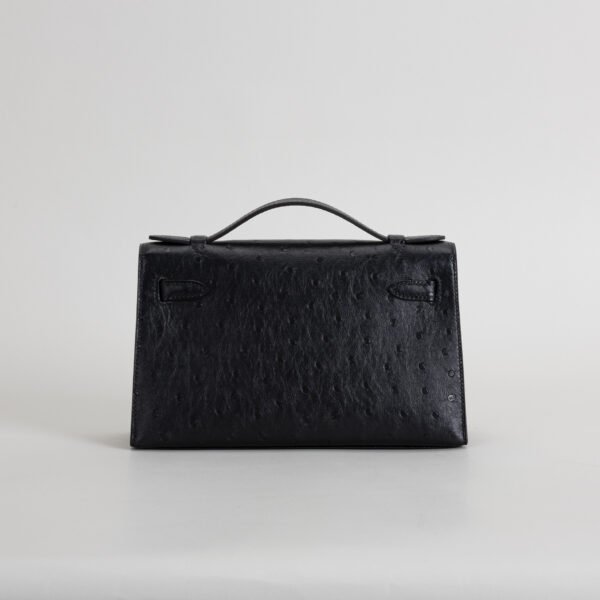 Hermes Evening Bag Ostrich Leather Kelly Pochette 22CM CC89 Noir Gold Hardware