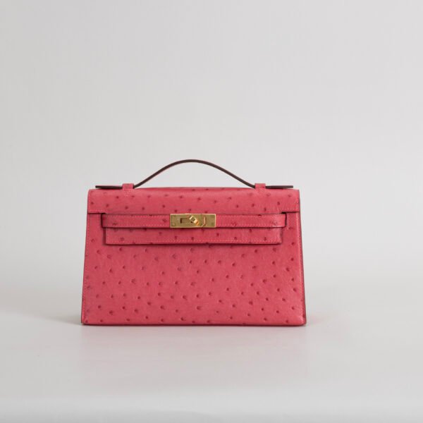 Hermes Evening Bag Ostrich Leather Kelly Pochette 22CM E5 Rose Tyrien Gold Hardware