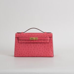 Hermes Evening Bag Ostrich Leather Kelly Pochette 22CM E5 Rose Tyrien Gold Hardware