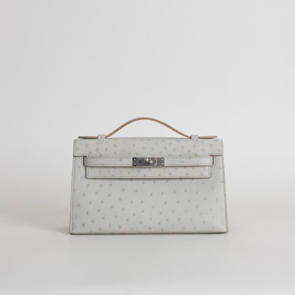 USA New York Hermes CK80 Gris Pearl Ostrich Leather Kelly Pochette 22CM Silver Hardware