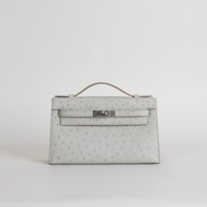 USA New York Hermes CK80 Gris Pearl Ostrich Leather Kelly Pochette 22CM Silver Hardware