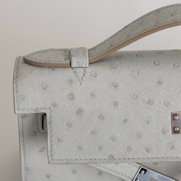 USA New York Hermes CK80 Gris Pearl Ostrich Leather Kelly Pochette 22CM Silver Hardware