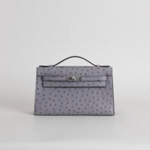 Hermes Boutique Ostrich Leather Kelly Pochette 22CM R2 Blue Agate Silver Hardware