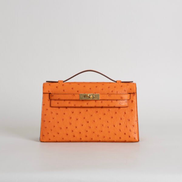 wsxc1746466482026_0 Full Handmade Hermes Ostrich Leather Kelly Pochette 22CM CC93 Orange Gold Hardware