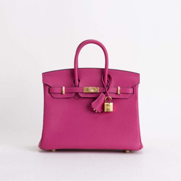 Hermes Tote Bag Togo Leather Birkin 25CM 5J Rose Fushcia Gold Hardware