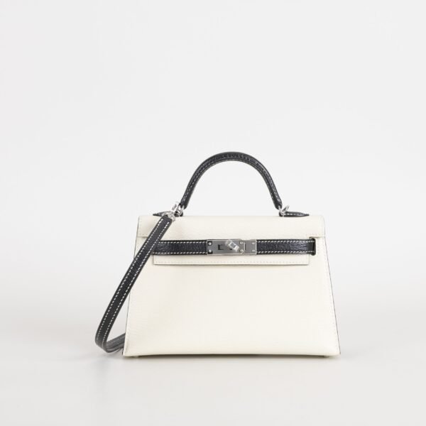 Hermes Evening Bag Mini Kelly 19CM Epsom Leather CK10 Craie / CK89 Noir Silver Hardware