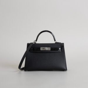 Hermes Evening Bag CK89 Noir Epsom / Crocodile Leather Mini Kelly Touch 19CM Silver Hardware